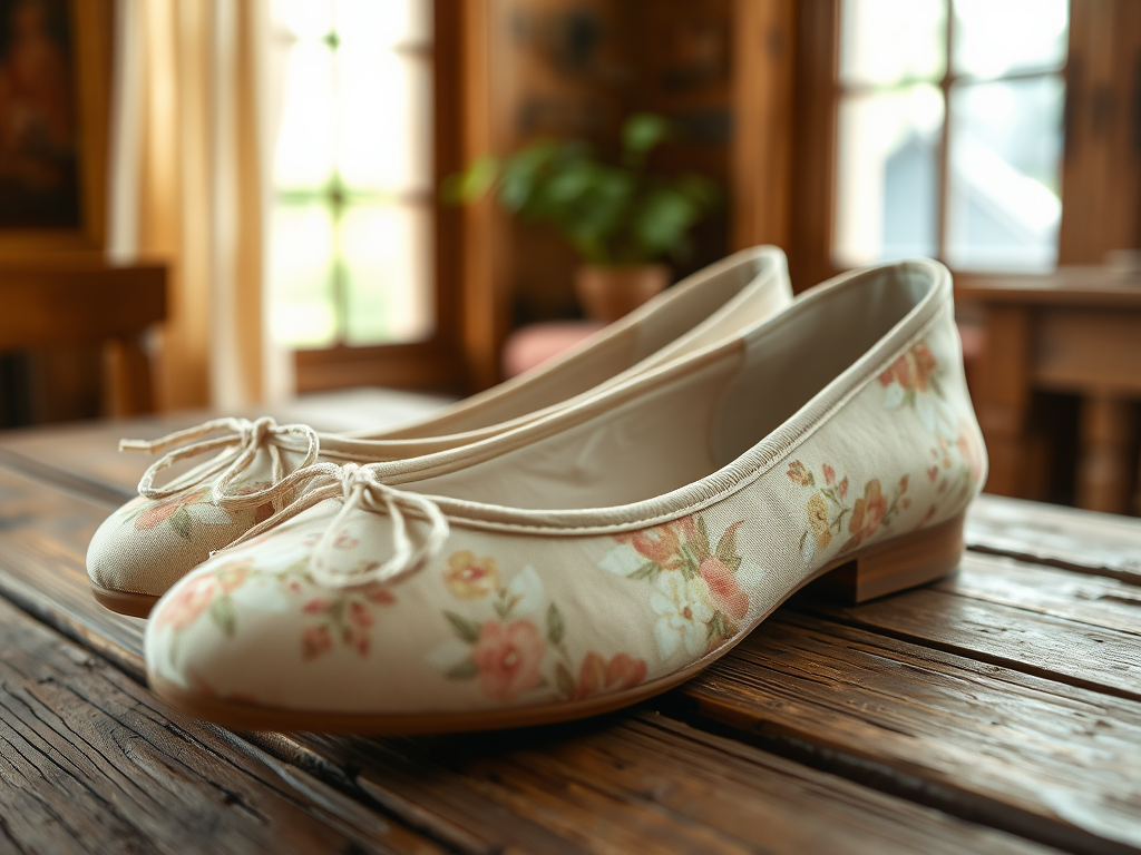 Pantofi balerini cu model floral, așezați pe o masă din lemn, într-un decor cald de interior.