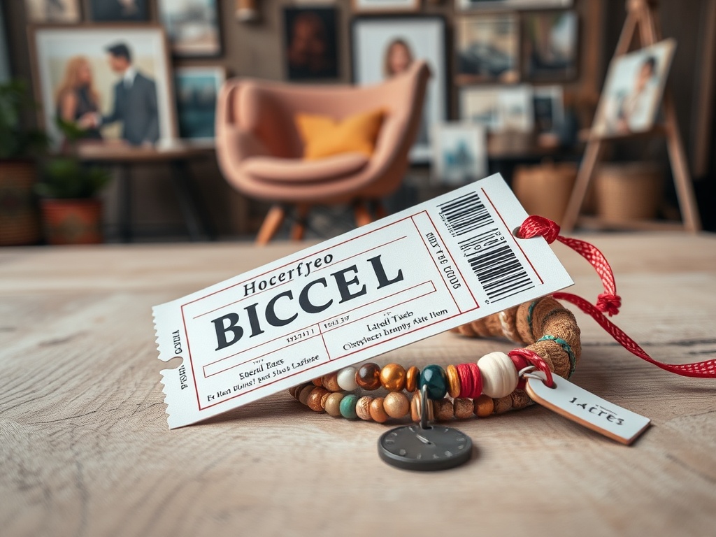 Bilet cu numele "BICCEL" și brățări colorate, așezate pe o masă de lemn, cu fotografii în fundal.