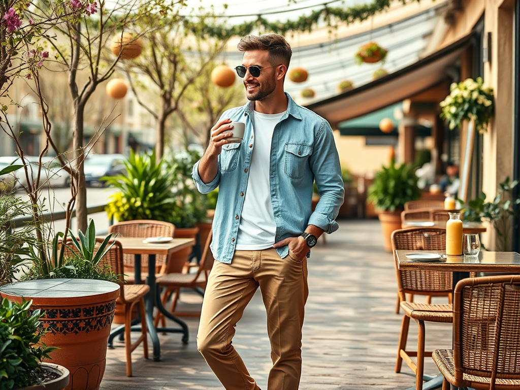 Un bărbat zâmbește, purtând o cămașă albastră și ochelari de soare, în fața unui restaurant modern.
