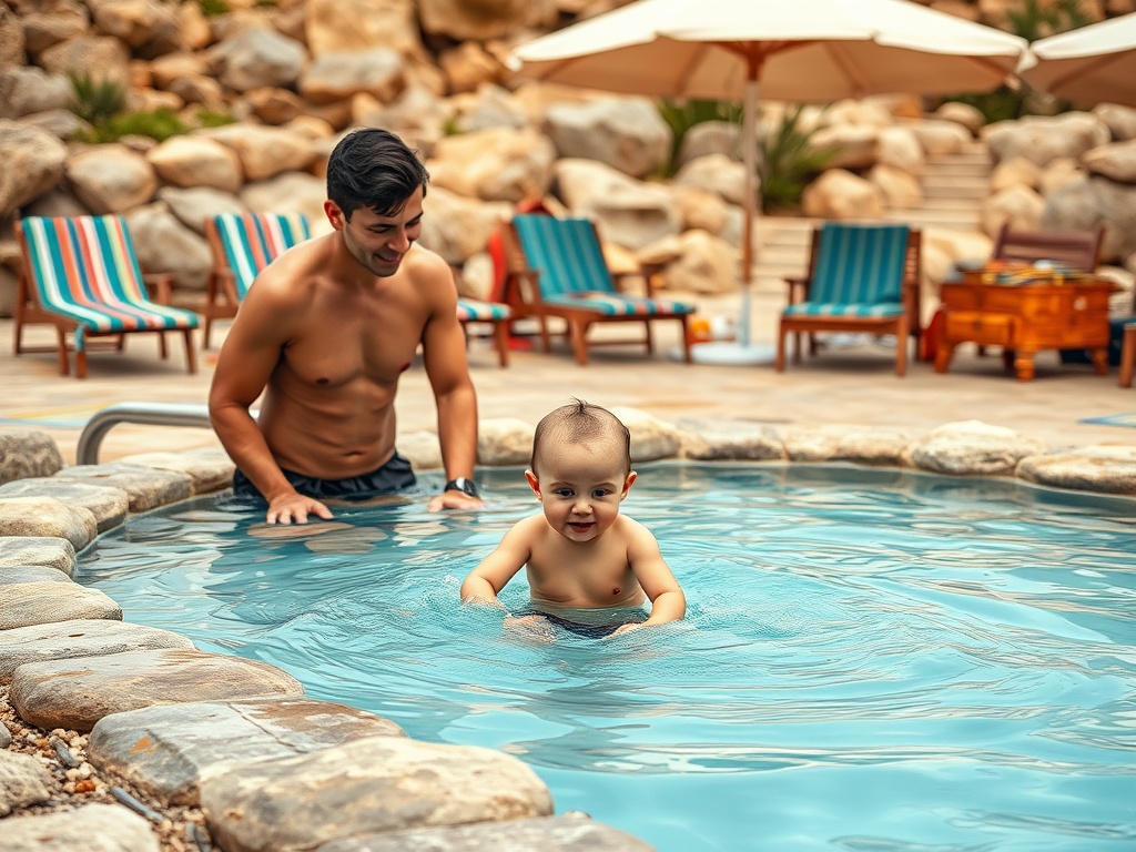Un tată zâmbește în timp ce se joacă cu copilul său în apa unei piscine, pe o vreme însorită.