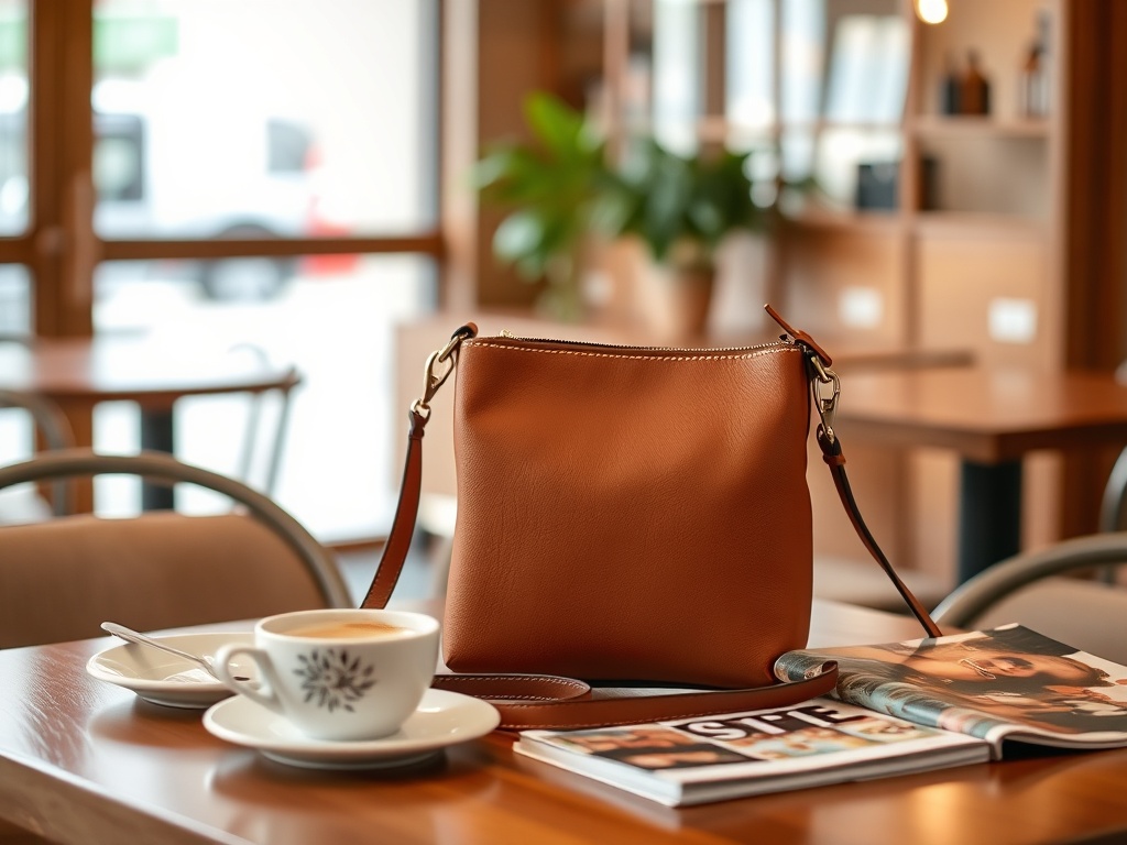 O geantă maro și o cană de cafea pe o masă, alături de reviste, într-un café elegant.