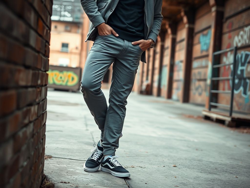 Un bărbat îmbrăcat elegant, cu pantaloni gri și adidași negri, stă într-un loc urban cu graffiti pe pereți.