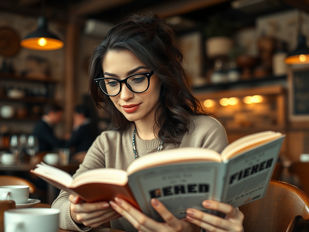 O tânără cu ochelari citind o carte într-o cafenea, cu mese și oameni în fundal. Atmosferă relaxantă.