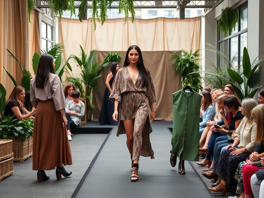 Prezentare de modă cu modele îmbrăcate în rochii elegante, într-un decor cu plante verzi. Public atent.