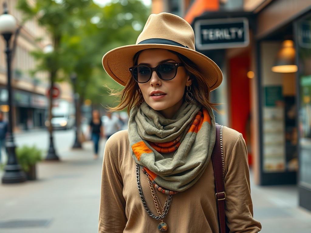 O tânără îmbrăcată elegant, cu pălărie, ochelari de soare și eșarfă, plimbându-se pe o stradă urbană.