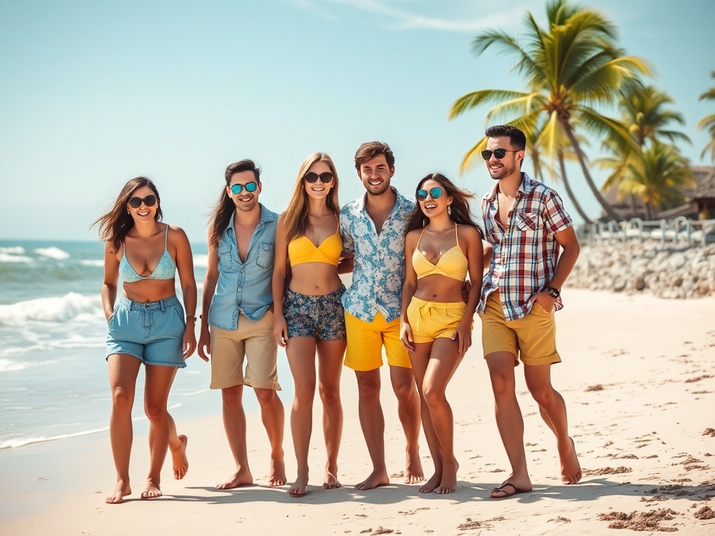 Un grup de șase prieteni se plimbă pe plajă, purtând îmbrăcăminte de vară și ochelari de soare.