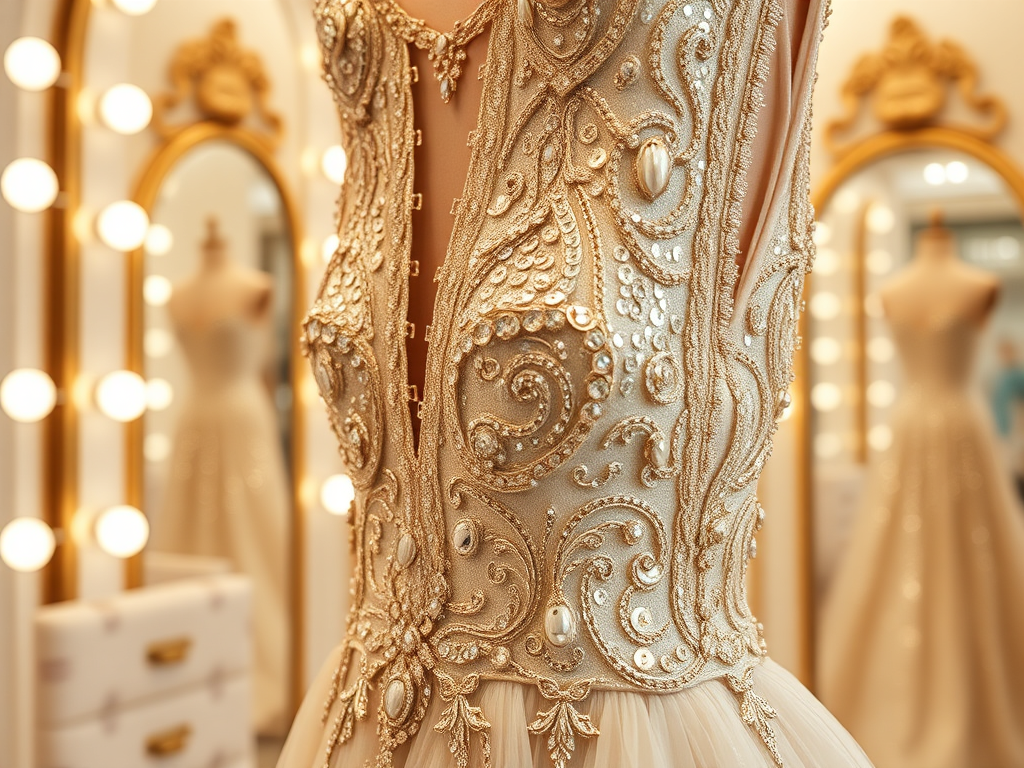 O rochie elegantă de seară, decorată cu strasuri și motive ornamentale, într-un studio de modă iluminat.