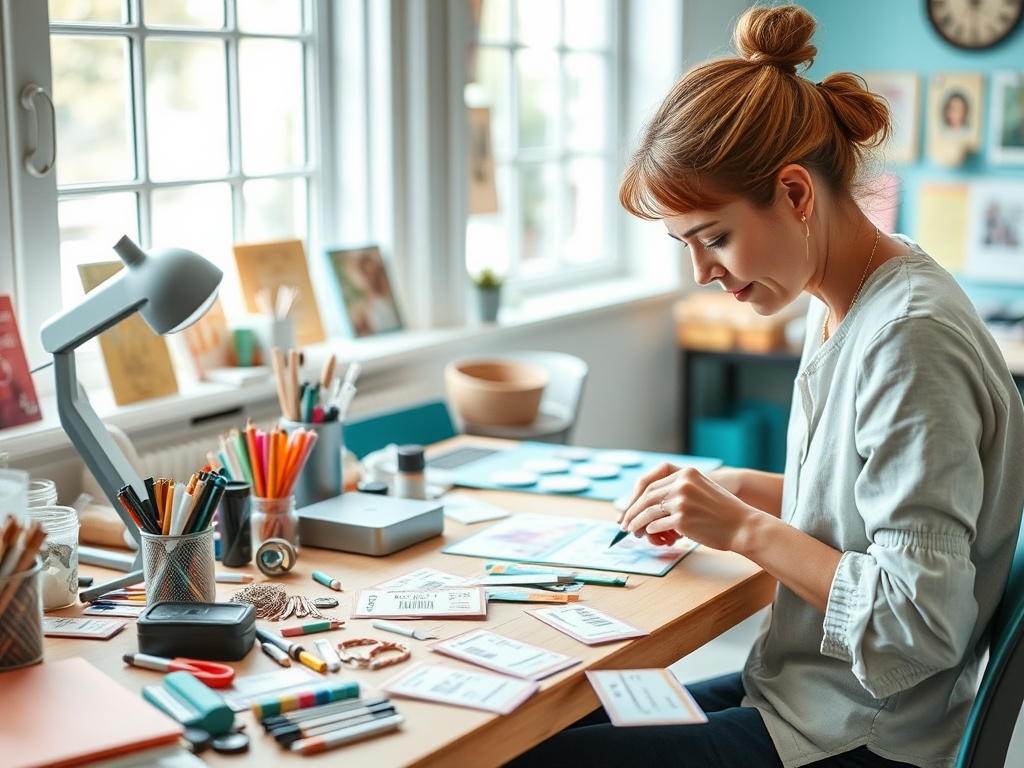 O femeie lucrează la birou, înconjurată de unelte creative și materiale, concentrată pe proiectul ei artizanal.