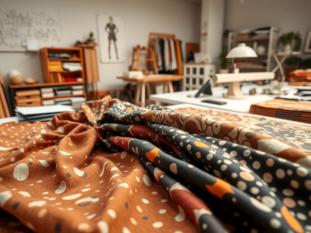 O imagine cu materiale textile colorate, într-un atelier plin de inspirație și un decor modern.