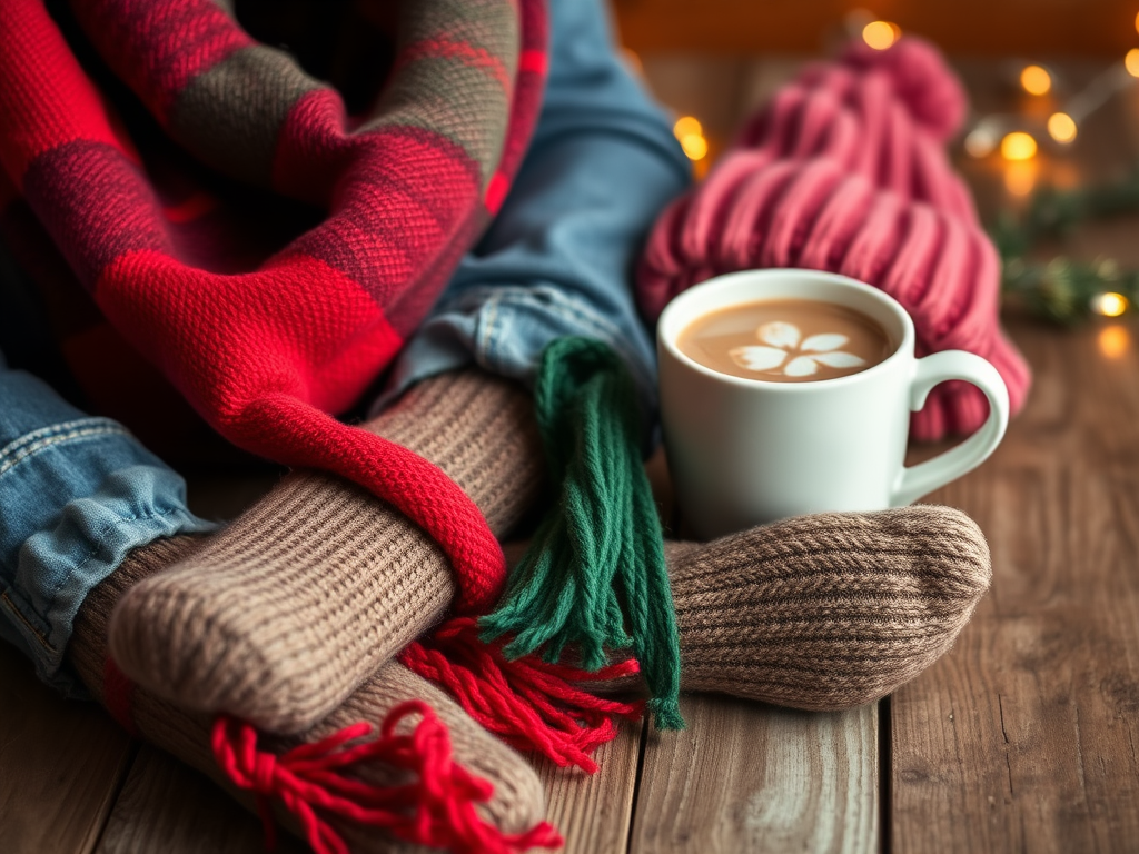 Picioare în șosete pufoase, cu o cană de cafea și o eșarfă roșie, pe o masă din lemn. Atmosferă cozy.