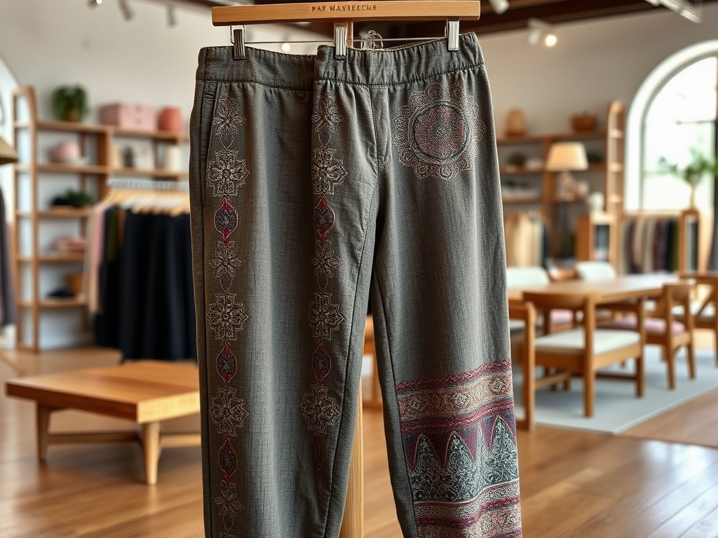Pantaloni gri cu broderii colorate, expuși într-un interior modern, cu mobilier din lemn și lumina naturală.
