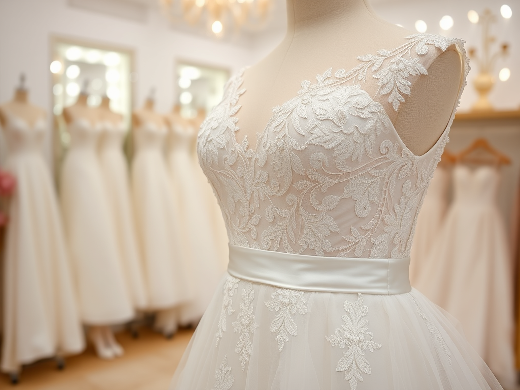 Rochie de mireasă cu detalii din dantelă și satin, expusă într-un salon elegant, cu alte rochii în fundal.
