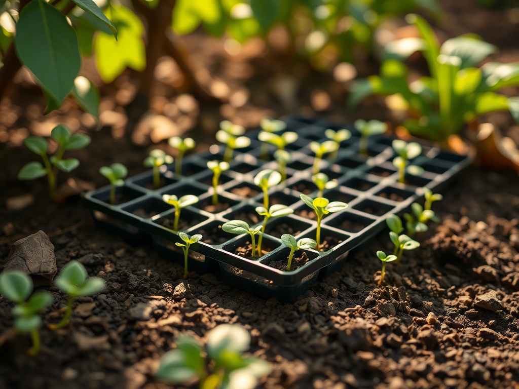 Un suport cu răsaduri verzi în sol, înconjurat de plante tinere și frunze verzi strălucitoare.