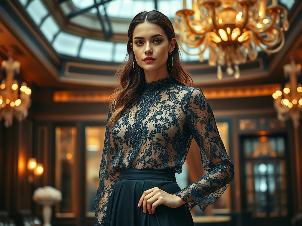 O femeie în bluză dantelată neagră, cu o fustă elegantă, stă într-un interior rafinat, iluminat de candelabre.