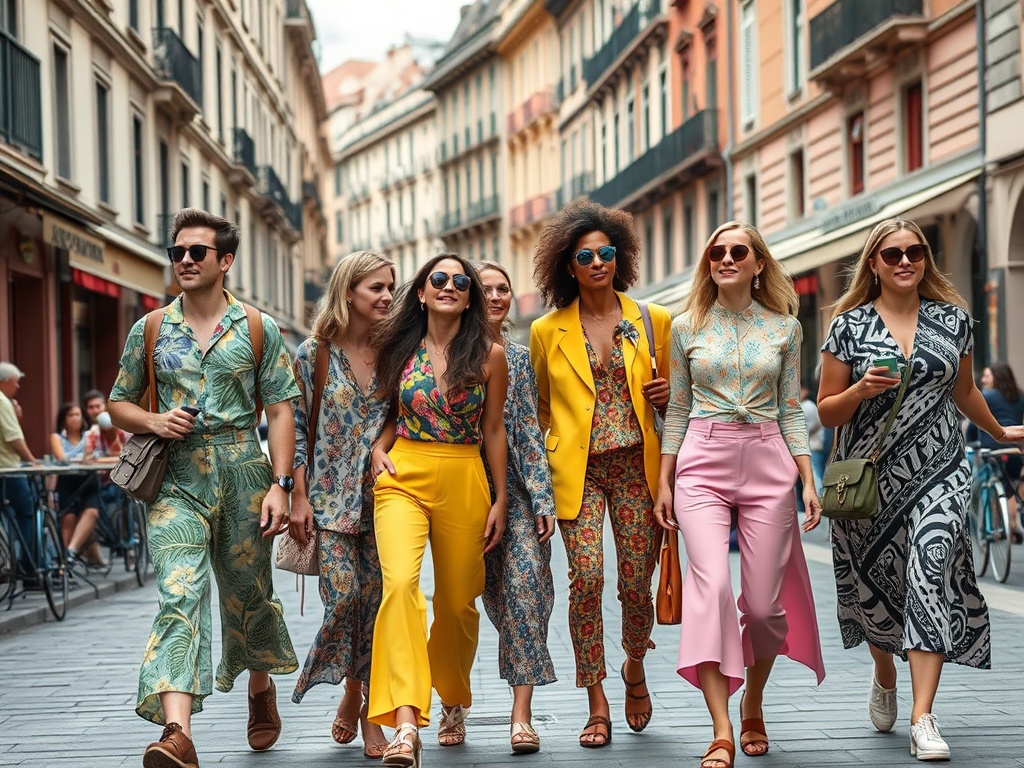 Un grup de tineri zâmbitori, îmbrăcați în ținute colorate, se plimbă pe o stradă animată.