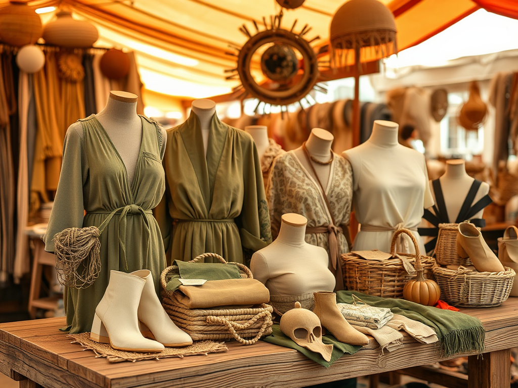 Un stand de modă cu manechine îmbrăcate în rochii elegante, încălțări și accesorii diverse.