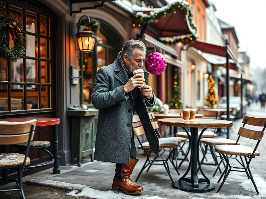 Un bărbat îmbrăcat elegant, cu o cană de cafea, stă pe stradă, înconjurat de decorațiuni de sărbători.