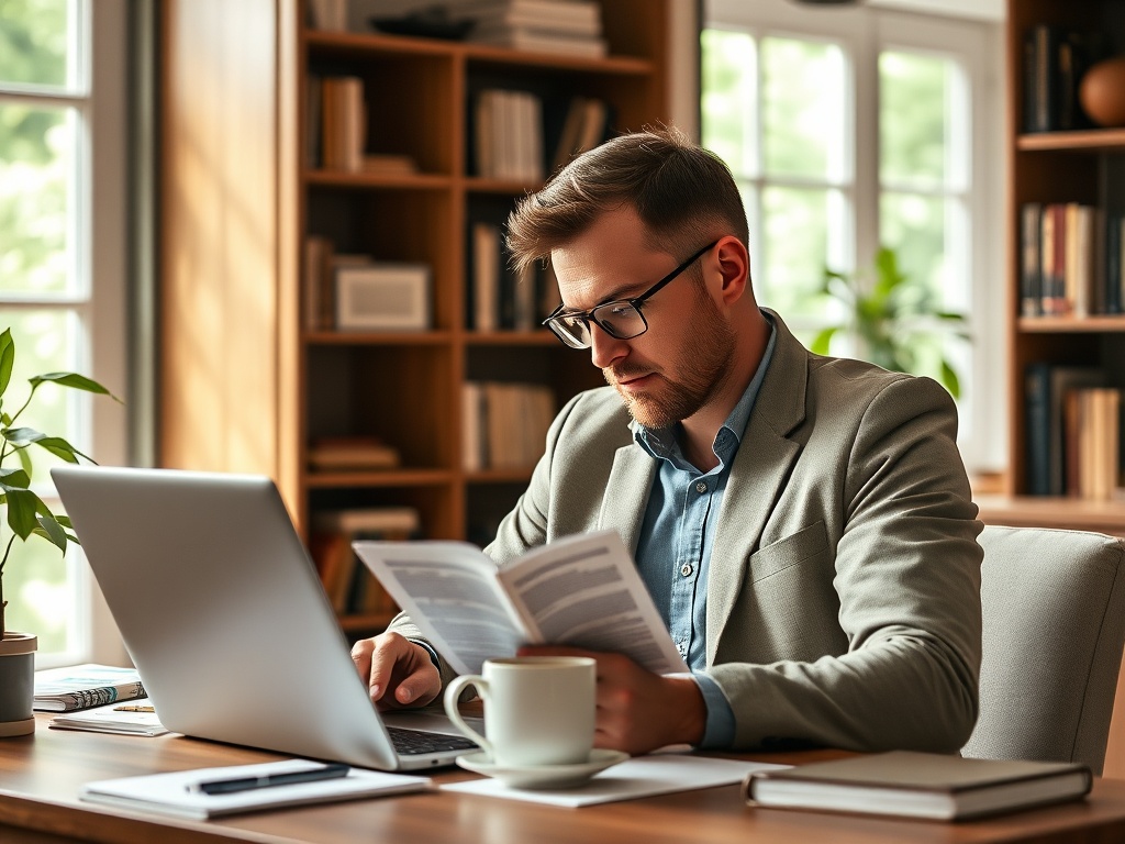 Un bărbat îmbrăcat elegant, citind un document, stând la birou cu un laptop și o cească de cafea.