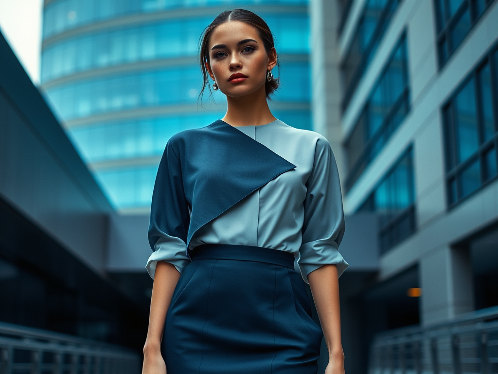 O femeie îmbrăcată elegant stă în fața unui clădiri moderne, privind direct către cameră.