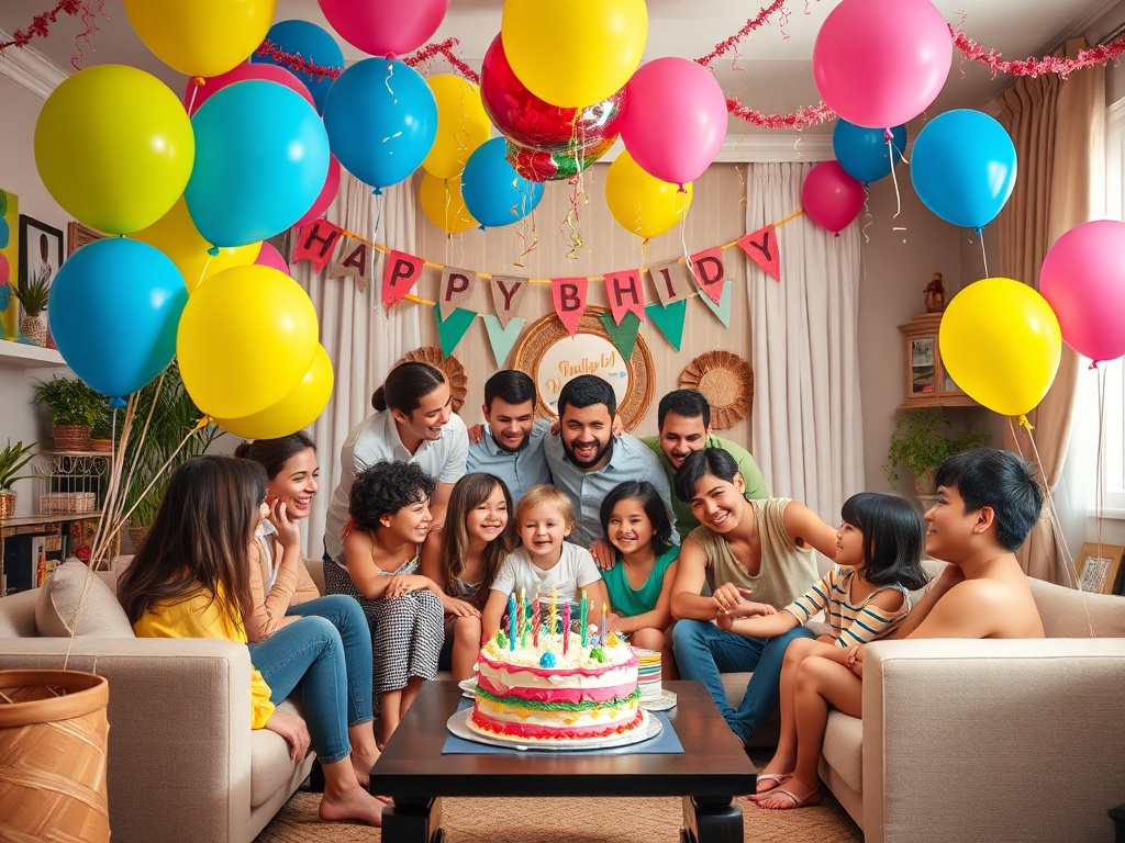 O petrecere de ziua de naștere cu mulți baloane colorate și o prăjitură, înconjurată de prieteni și familie.