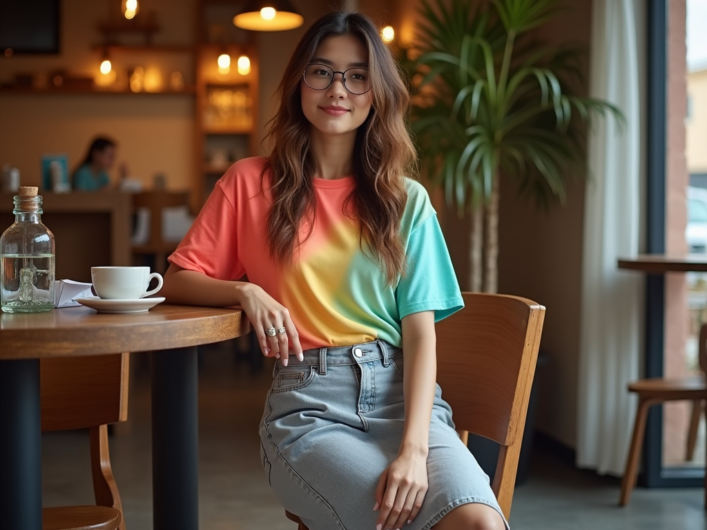 Tânără zâmbitoare șezând la o masă într-o cafenea, purtând un tricou colorat.