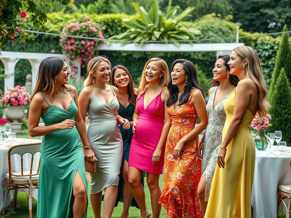 Grup de femei îmbrăcate elegant, zâmbind și râzând într-o grădină plină de flori, într-o atmosferă festivă.