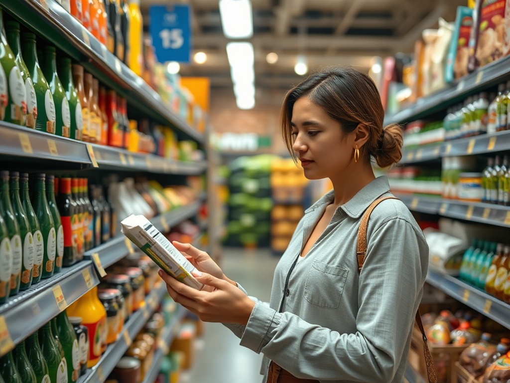 O tânără examinează un produs pe rafturile unui supermarket plin de diverse băuturi și alimente.
