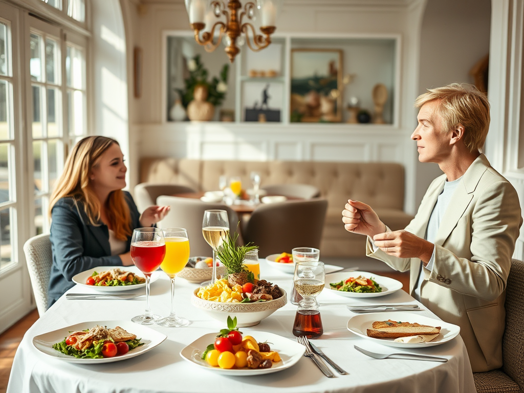 Două femei stau la o masă elegantă, savurând prânzul și discutând, cu băuturi și preparate gourmet.