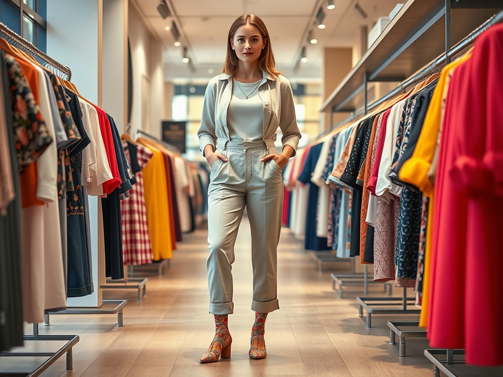 O tânără stă între rândurile de haine într-un magazin, îmbrăcată elegant cu pantaloni și pantofi colorati.