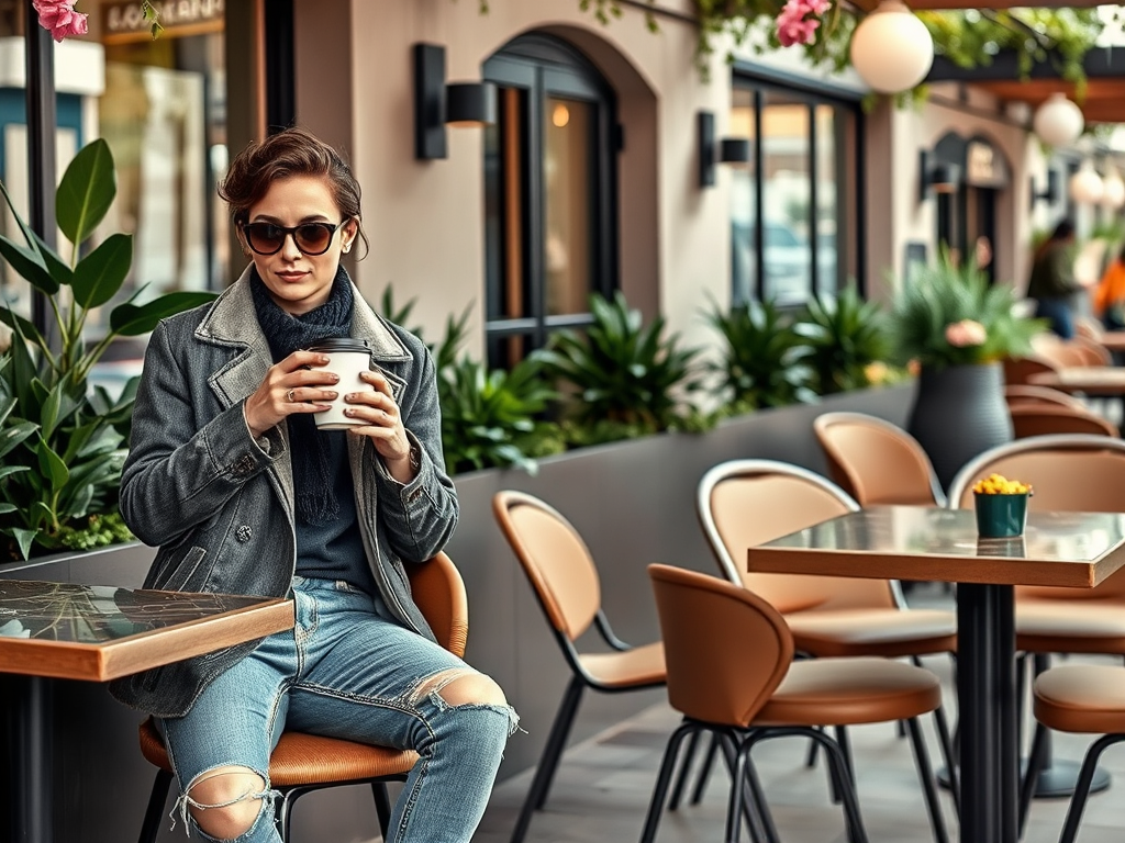 O femeie cu ochelari de soare stă pe o terasă, ținând o cană de cafea, înconjurată de plante verzi.