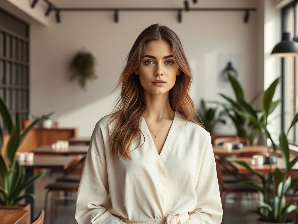 O tânără cu păr ondulat, îmbrăcată într-o bluză albă, stă în interiorul unui restaurant modern, plin de plante.