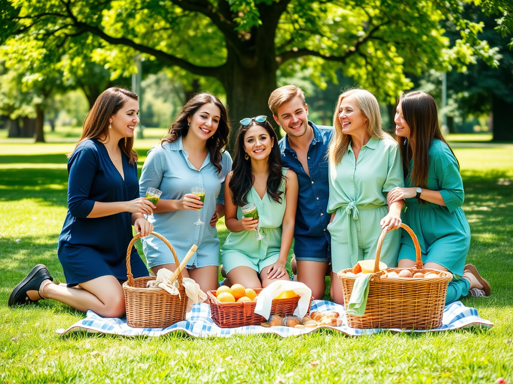 Grup de prieteni bucurându-se de un picnic într-un parc, cu coșuri pline de fructe și băuturi răcoritoare.