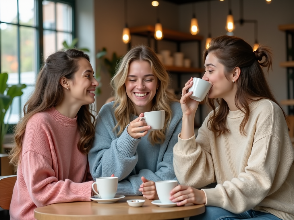 Trei tinere femei râzând și savurând cafea într-o cafenea cozy.