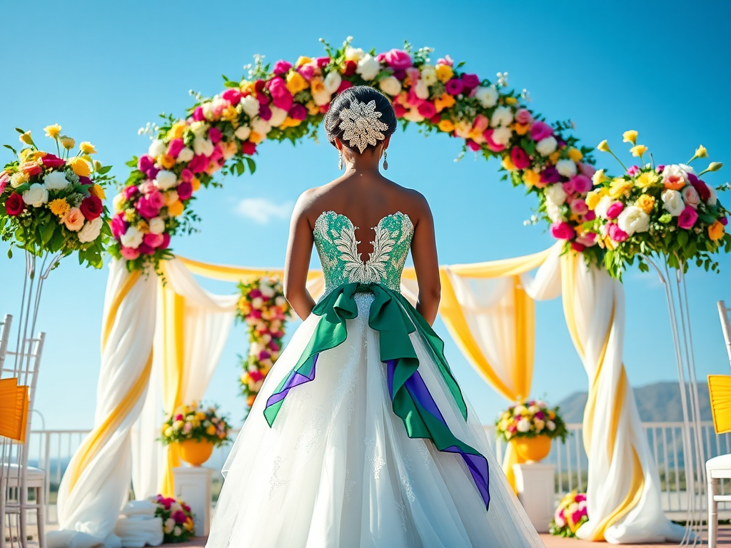 O mireasă admiră un decor floral splendid, cu un arc plin de flori colorate, înainte de ceremonie.