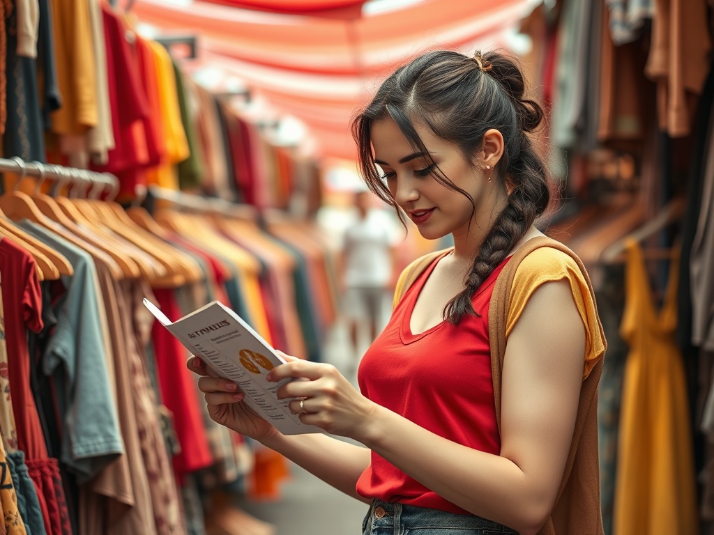 O tânără citind o broșură între o mulțime de haine colorate într-un market.