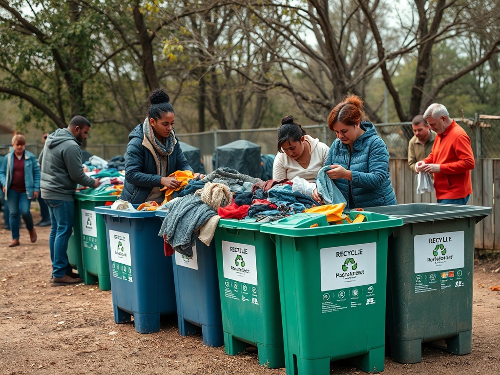 Persoane sortând haine în containere de reciclare, într-un cadru natural, promovând sustenabilitatea.