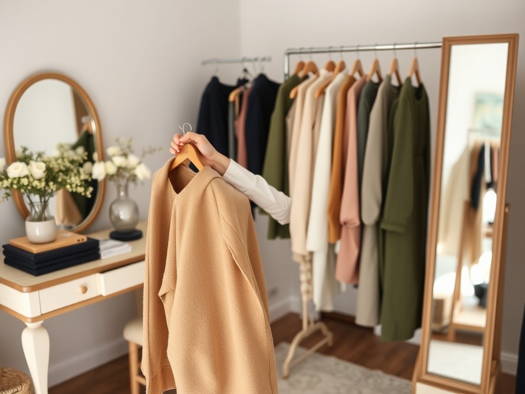 O persoană alege o haină dintr-un dressing elegant, înconjurată de articole vestimentare și decor frumos.