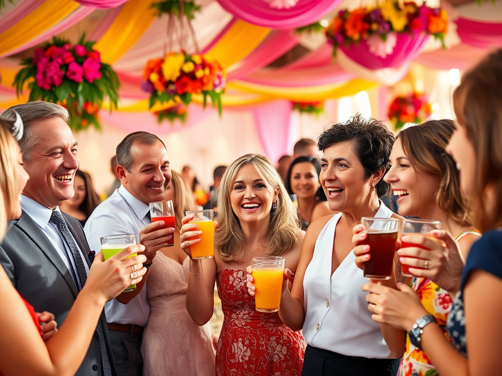 Un grup de oameni zâmbitori sărbătoresc și toasturi cu băuturi colorate într-un decor festiv.