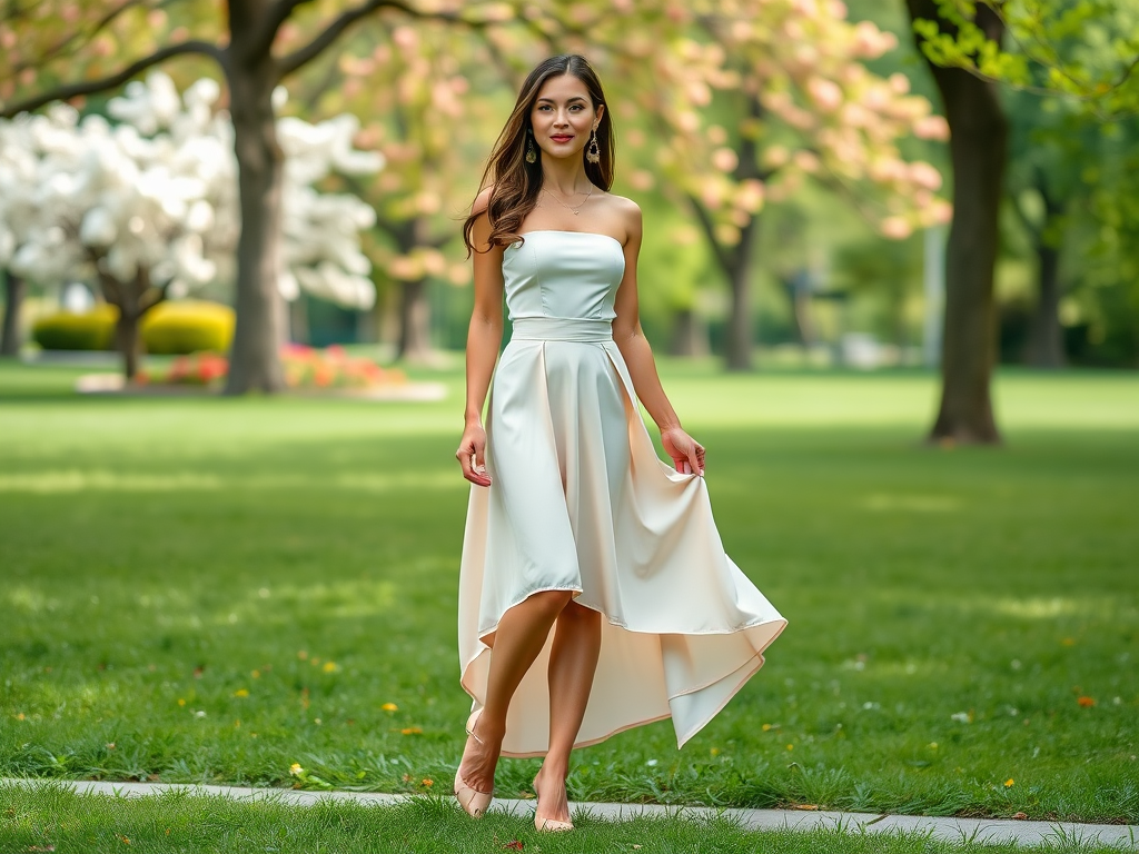 O femeie într-o rochie albă elegantă, plimbându-se printr-un parc verde cu flori în fundal.