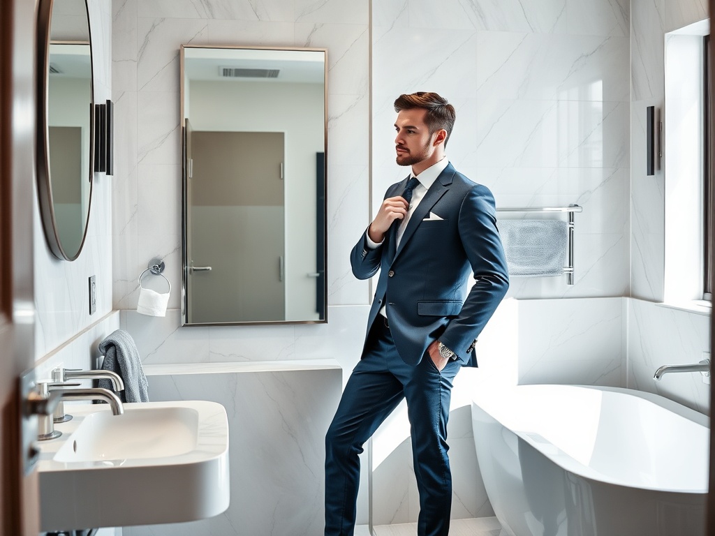 Un bărbat îmbrăcat la patru ace își aranjează cravată în baie modernă cu finisaje elegante.