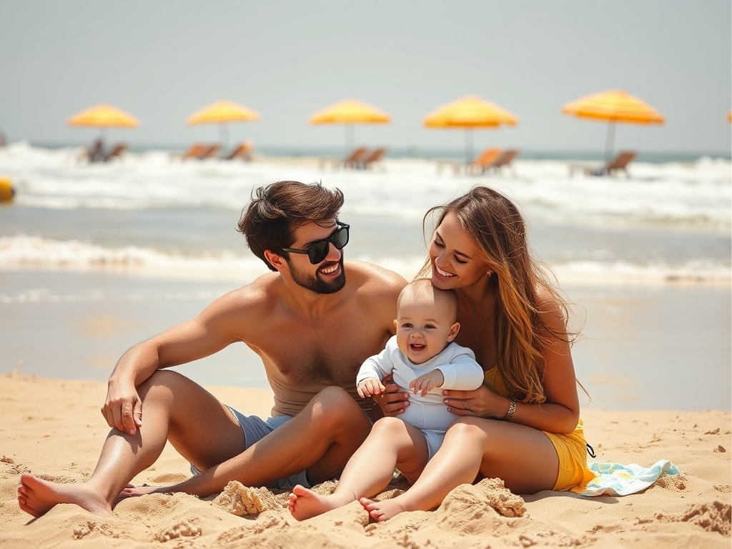 O familie se bucură pe plajă, zâmbind în timp ce stau pe nisip și se joacă cu un bebeluș. Umbrele de soare sunt în fundal.